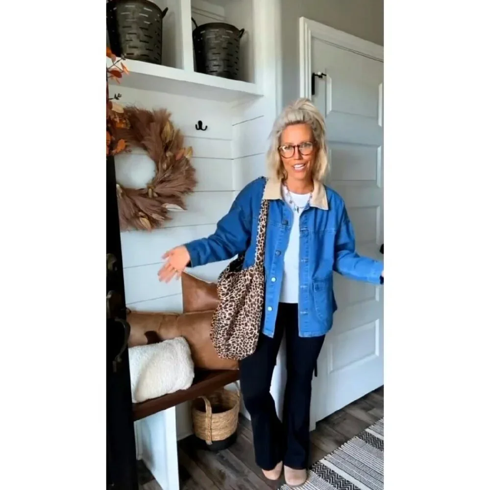 Oversized Denim Shacket Retro Collar Button Down Jacket Women's